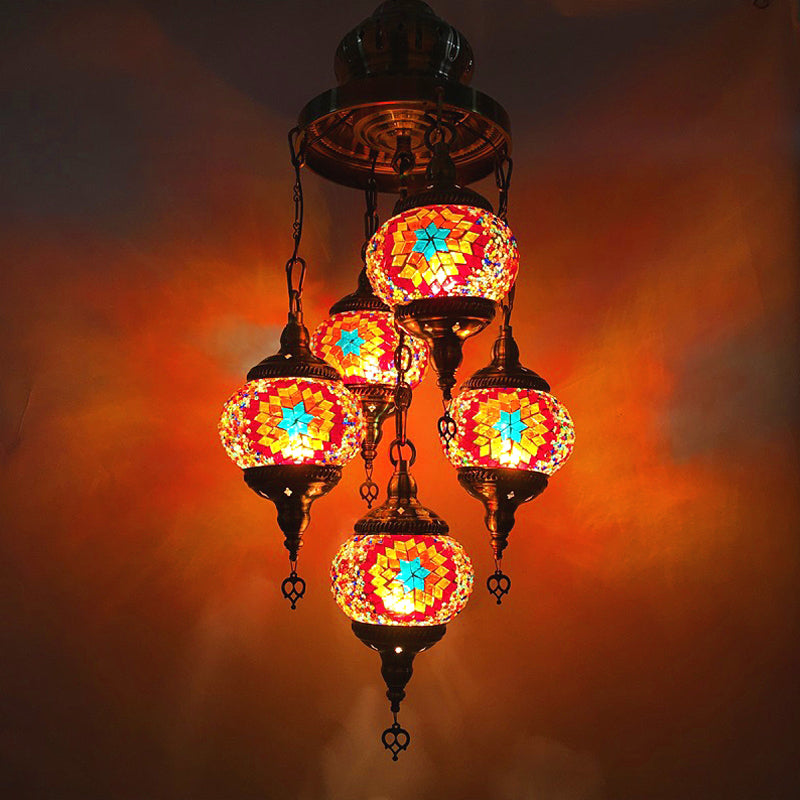 5 Heads Cut Glass Chandelier Pendant Light Traditional Red/Orange/Blue Oval Living Room Hanging Light Kit
