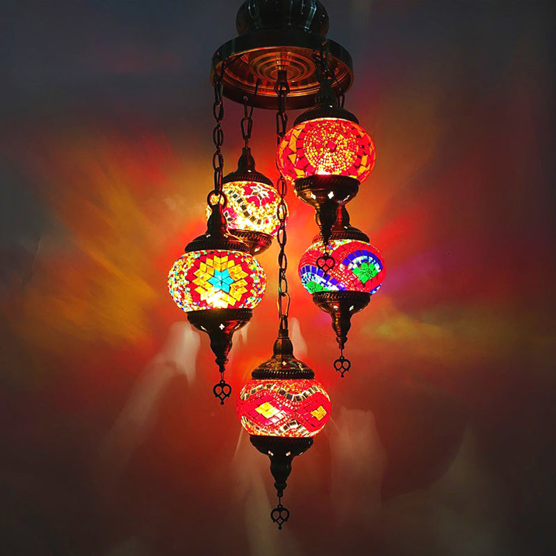5 Heads Cut Glass Chandelier Pendant Light Traditional Red/Orange/Blue Oval Living Room Hanging Light Kit