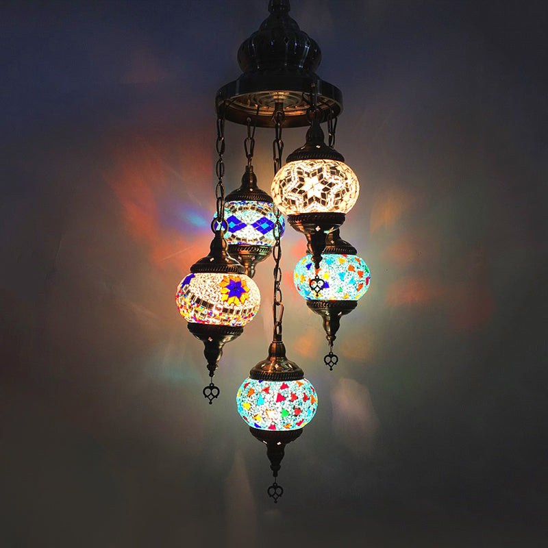 Oval Living Room Chandelier Lighting Traditional Stained Glass 5 Heads White/Orange/Blue Hanging Ceiling Light