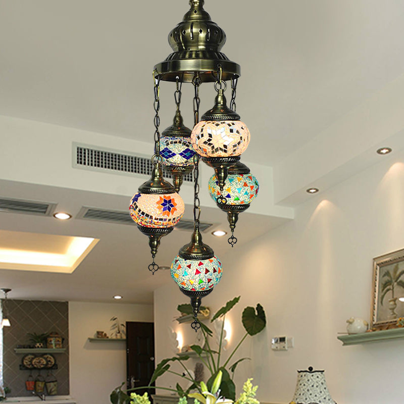 Oval Living Room Chandelier Lighting Traditional Stained Glass 5 Heads White/Orange/Blue Hanging Ceiling Light