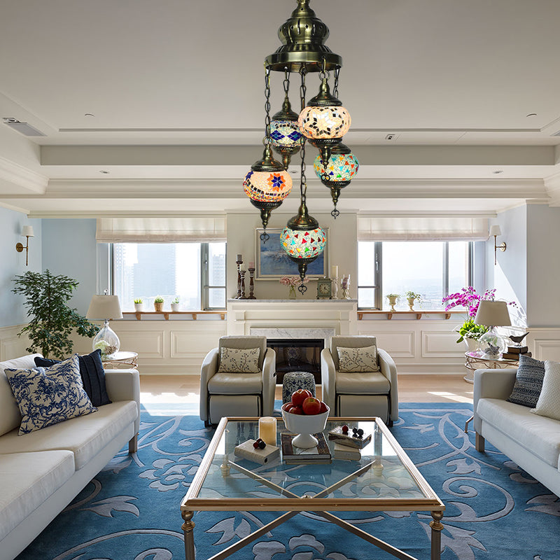Oval Living Room Chandelier Lighting Traditional Stained Glass 5 Heads White/Orange/Blue Hanging Ceiling Light