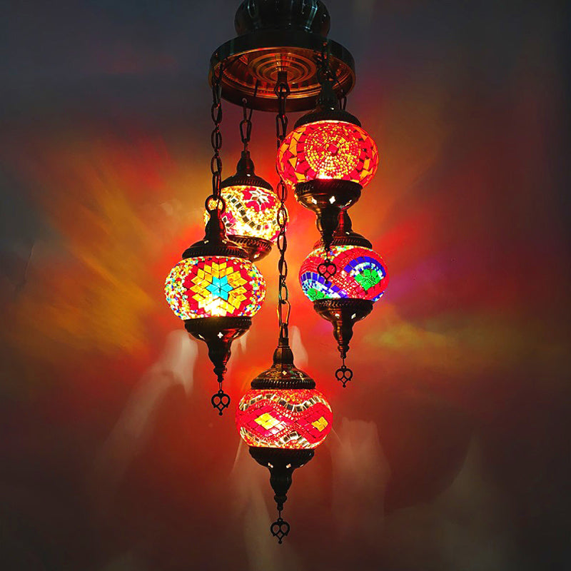 Oval Living Room Chandelier Lighting Traditional Stained Glass 5 Heads White/Orange/Blue Hanging Ceiling Light