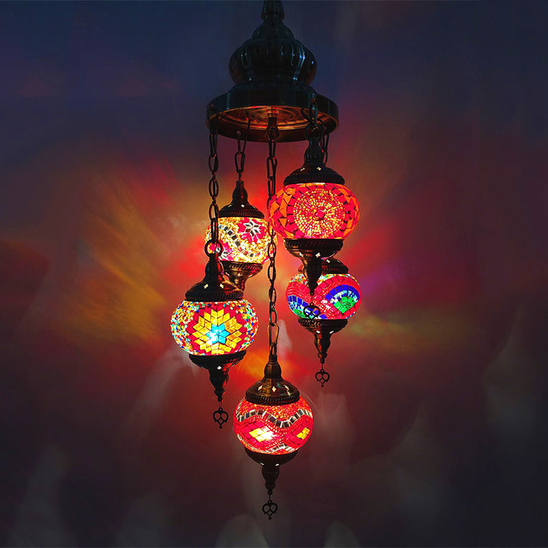 Oval Living Room Chandelier Lighting Traditional Stained Glass 5 Heads White/Orange/Blue Hanging Ceiling Light