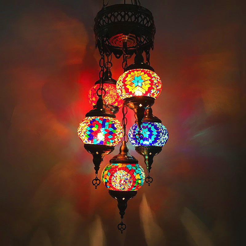 Vintage Oval Chandelier Light Fixture 5 Heads Stained Art Glass Hanging Lamp for Bedroom in Orange/Blue