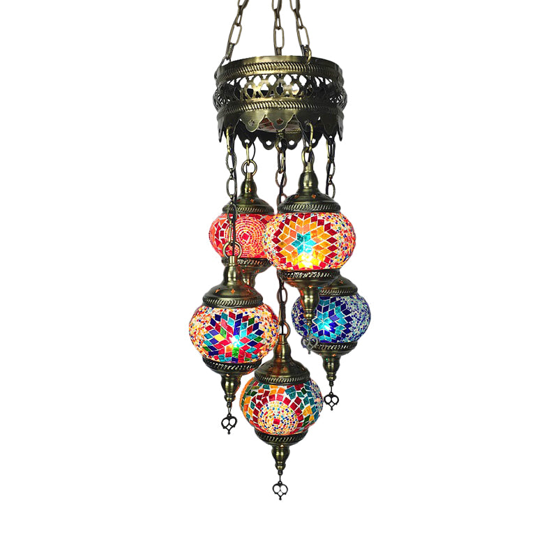Vintage Oval Chandelier Light Fixture 5 Heads Stained Art Glass Hanging Lamp for Bedroom in Orange/Blue