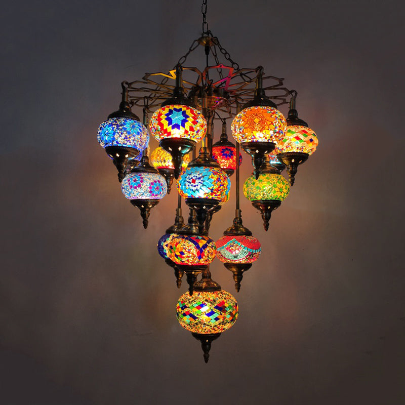 Yellow Oval Pendant Chandelier Vintage Stained Glass 16 Heads Living Room Hanging Light Kit