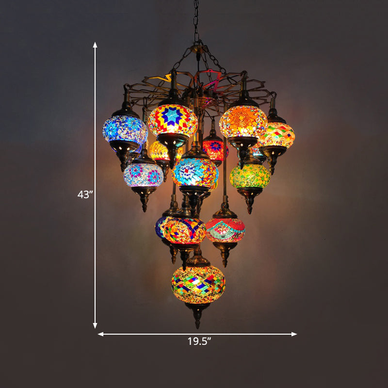 Yellow Oval Pendant Chandelier Vintage Stained Glass 16 Heads Living Room Hanging Light Kit