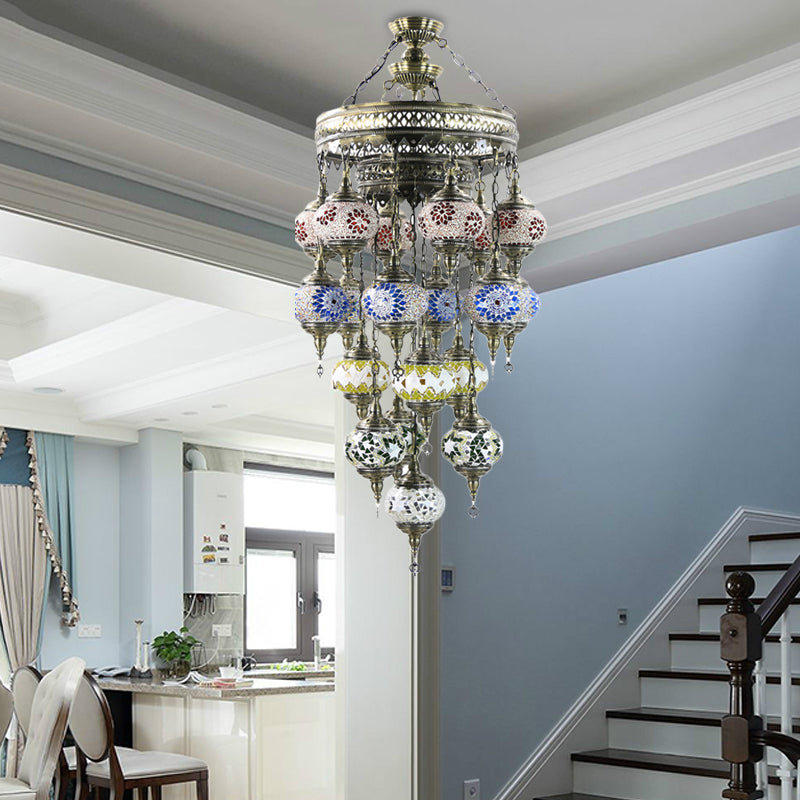 Oval Stained Art Glass Ceiling Chandelier Traditional 19 Heads Stairway Hanging Pendant Light in Blue