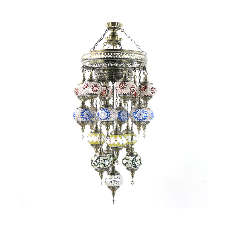 Oval Stained Art Glass Ceiling Chandelier Traditional 19 Heads Stairway Hanging Pendant Light in Blue
