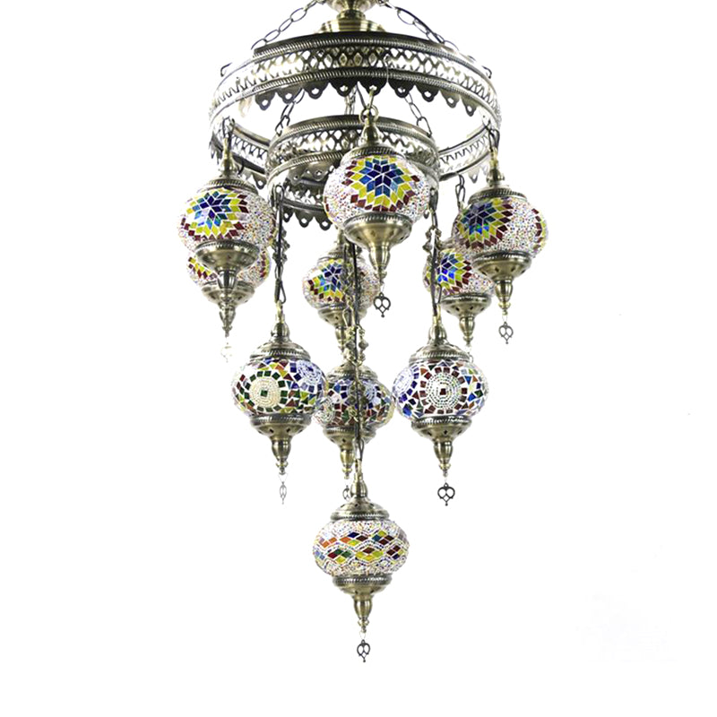 10 Heads Oval Hanging Light Fixture Traditional Red/Pink/Yellow Multicolored Stained Glass Chandelier Lamp