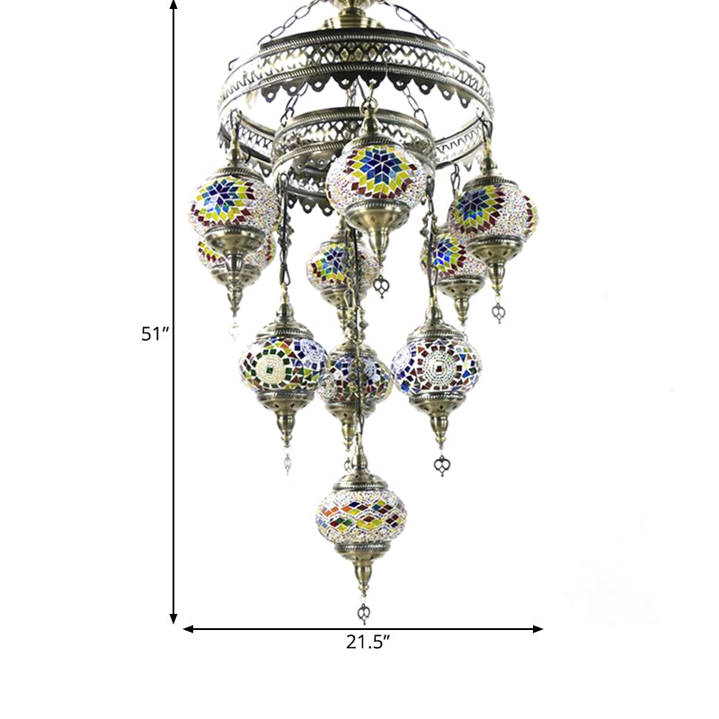 10 Heads Oval Hanging Light Fixture Traditional Red/Pink/Yellow Multicolored Stained Glass Chandelier Lamp
