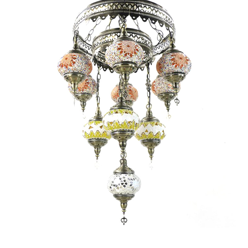 10 Heads Oval Hanging Light Fixture Traditional Red/Pink/Yellow Multicolored Stained Glass Chandelier Lamp