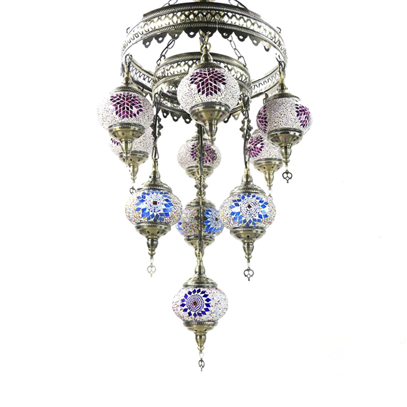 10 Heads Oval Hanging Light Fixture Traditional Red/Pink/Yellow Multicolored Stained Glass Chandelier Lamp