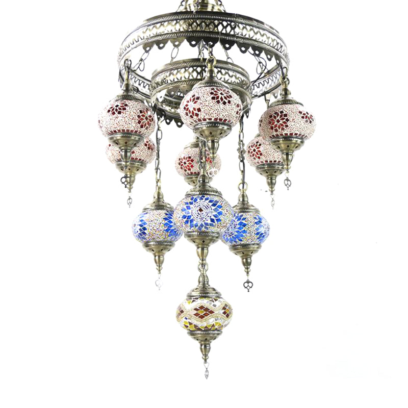 10 Heads Oval Hanging Light Fixture Traditional Red/Pink/Yellow Multicolored Stained Glass Chandelier Lamp