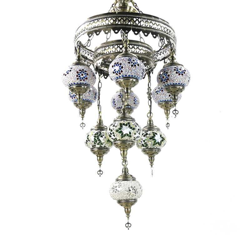 10 Heads Oval Hanging Light Fixture Traditional Red/Pink/Yellow Multicolored Stained Glass Chandelier Lamp