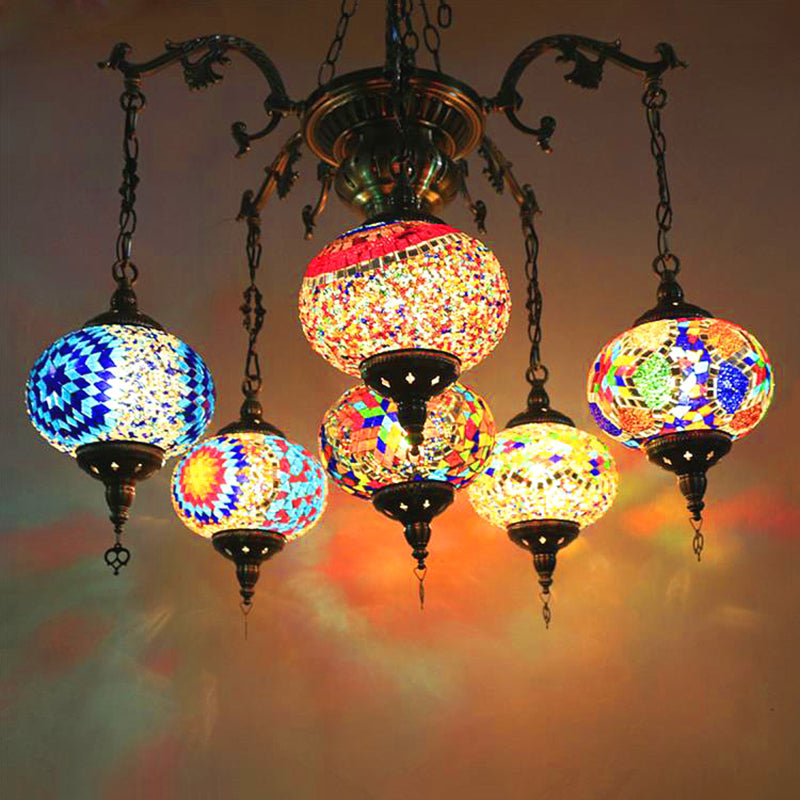 Bronze 4/6 Heads Pendant Chandelier Vintage Hand Cut Glass Oval Pendant Ceiling Light