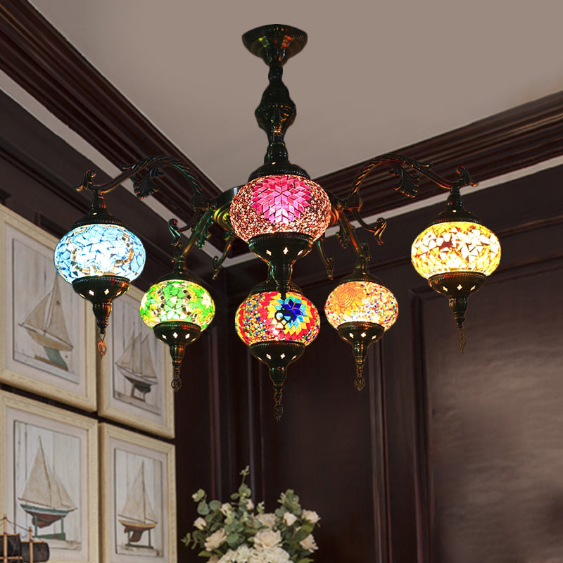 Stained Glass Bronze Hanging Chandelier Oval 6 Heads Traditional Suspension Light