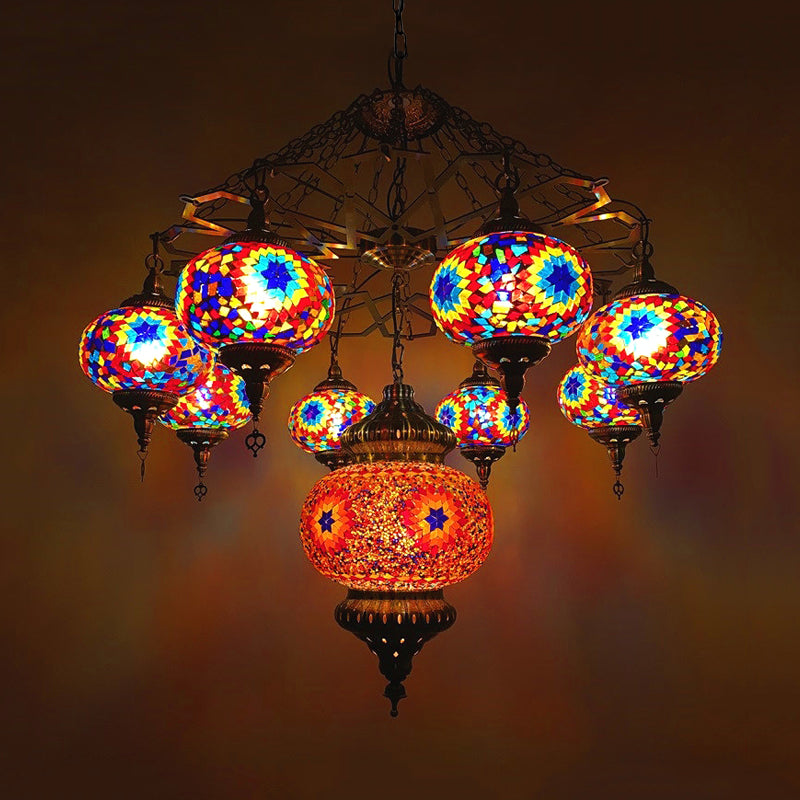 Vintage Oval Chandelier Light Fixture 9 Heads Stained Art Glass Hanging Ceiling Light in Red/Blue