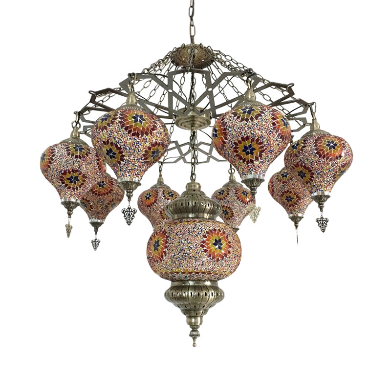 Vintage Oval Chandelier Light Fixture 9 Heads Stained Art Glass Hanging Ceiling Light in Red/Blue