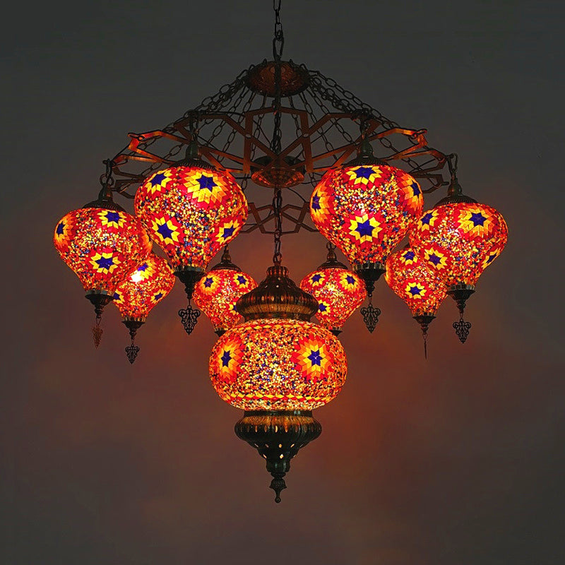 Vintage Oval Chandelier Light Fixture 9 Heads Stained Art Glass Hanging Ceiling Light in Red/Blue