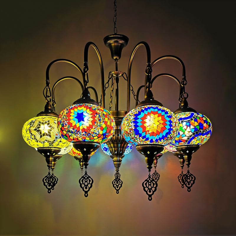 9 Heads Oval Ceiling Pendant Light Vintage Yellow/Green Hand Cut Glass Chandelier Lighting