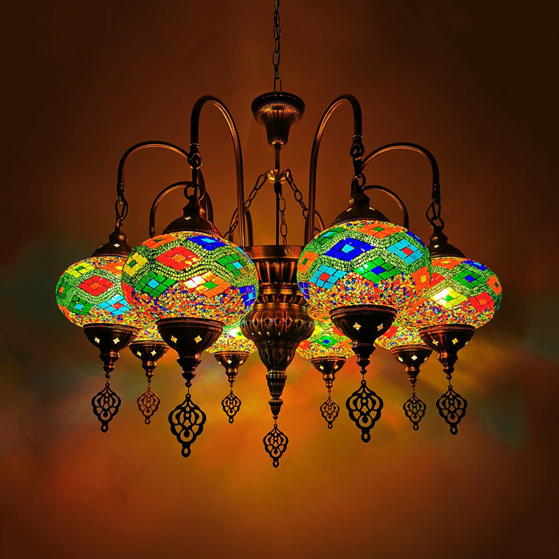 Oval Stained Glass Chandelier Light Fixture Traditional 9 Heads Dining Room Hanging Lamp Kit in Orange/Green