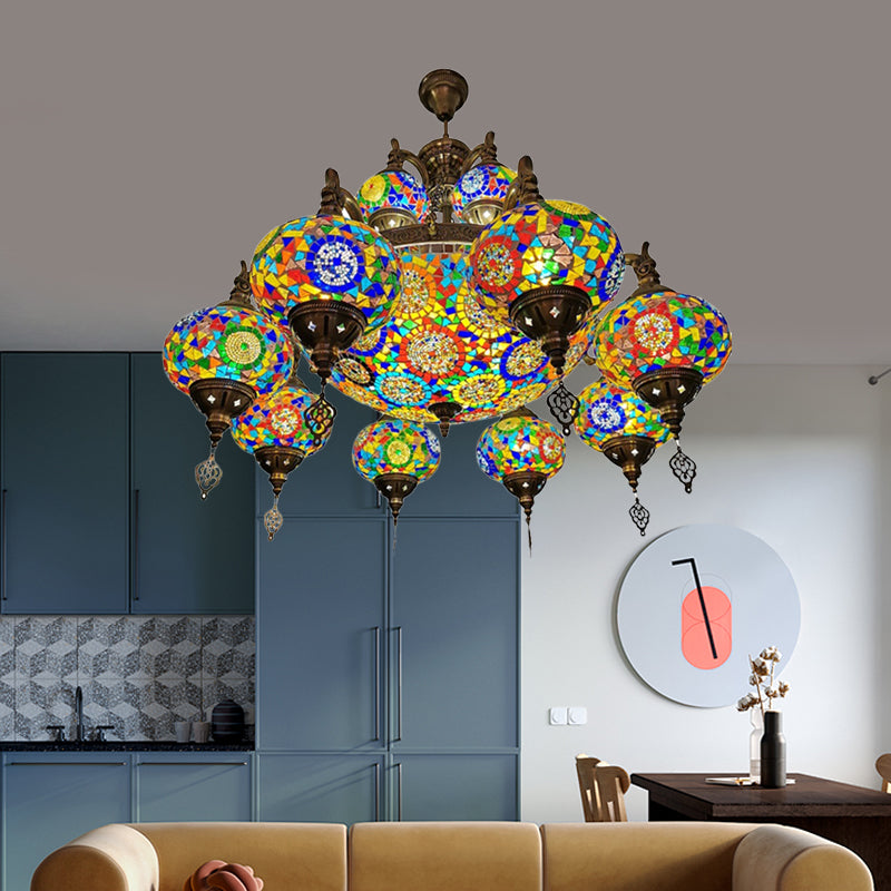 Traditional Oval Ceiling Pendant Light 16 Heads Stained Glass Chandelier Lighting in Bronze
