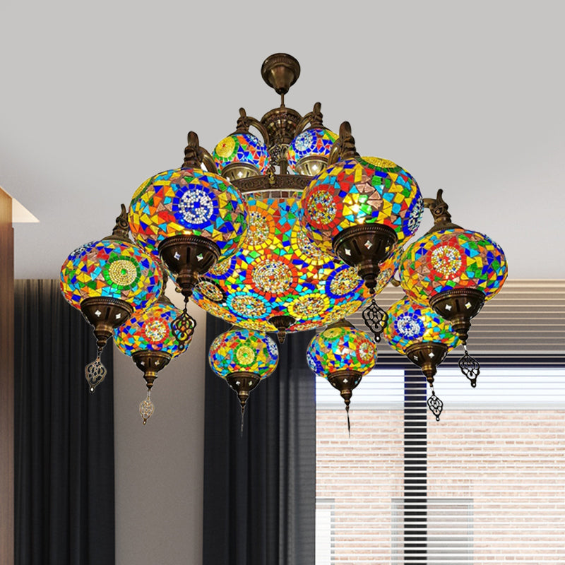 Traditional Oval Ceiling Pendant Light 16 Heads Stained Glass Chandelier Lighting in Bronze