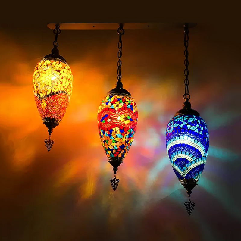 Stained Glass Waterdrop Cluster Pendant Traditional 3 Heads Bedroom Hanging Ceiling Light in Blue/Green/Red and Blue