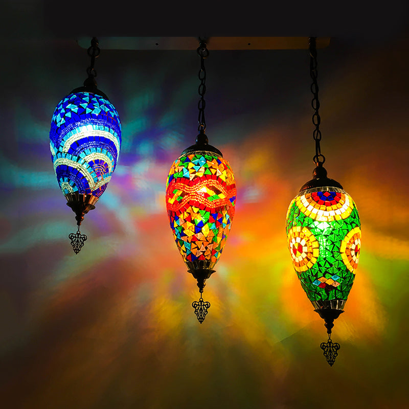 Stained Glass Waterdrop Cluster Pendant Traditional 3 Heads Bedroom Hanging Ceiling Light in Blue/Green/Red and Blue