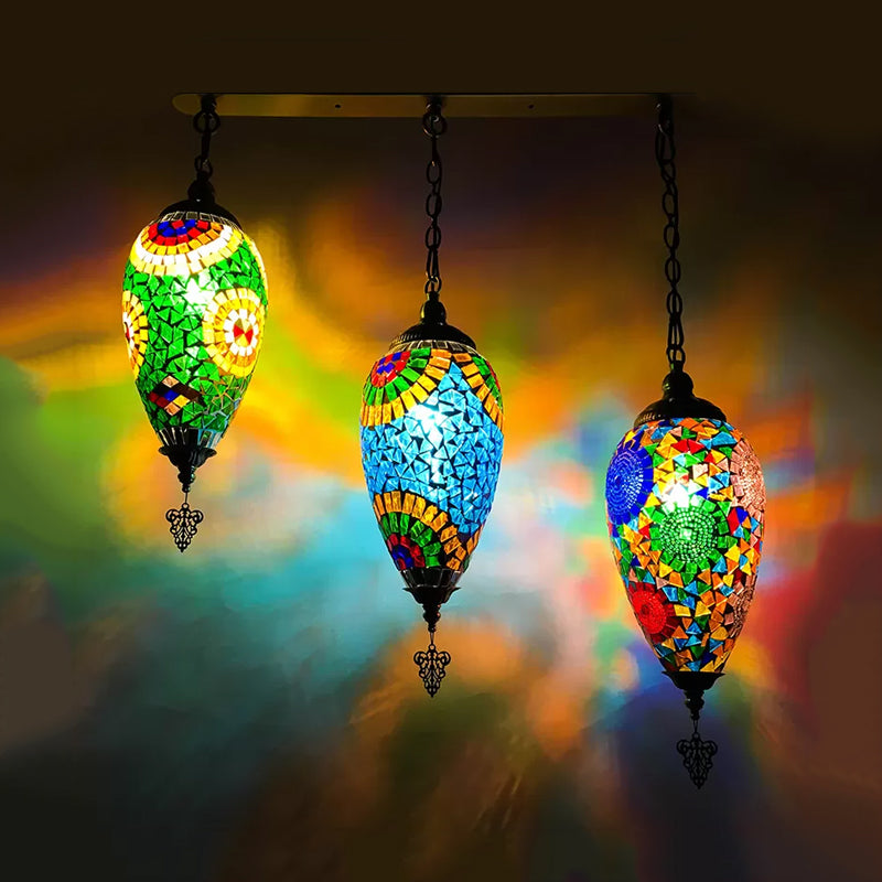 Tableau de gouttes d'eau en verre pendant traditionnel 3 têtes chambre à coucher plafonnier plafonnier en bleu / vert / rouge et bleu