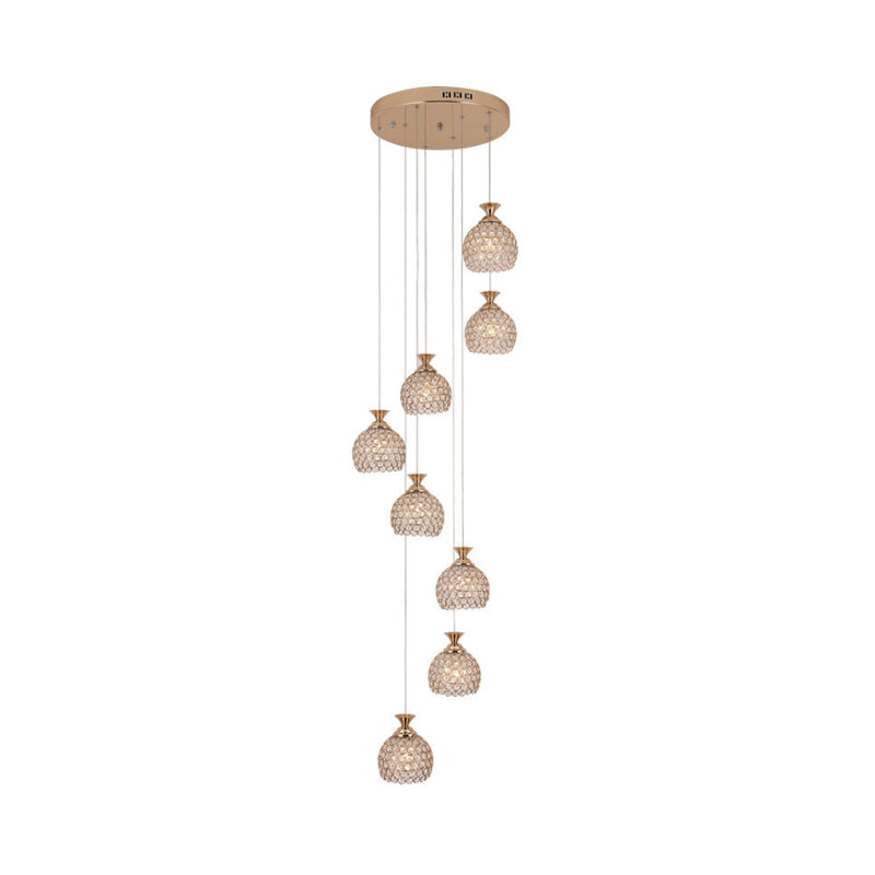 Gold 8-Light Hanging Lighting Contemporary Crystal Dome Shade Multi Lamp Pendant with Spiral Design