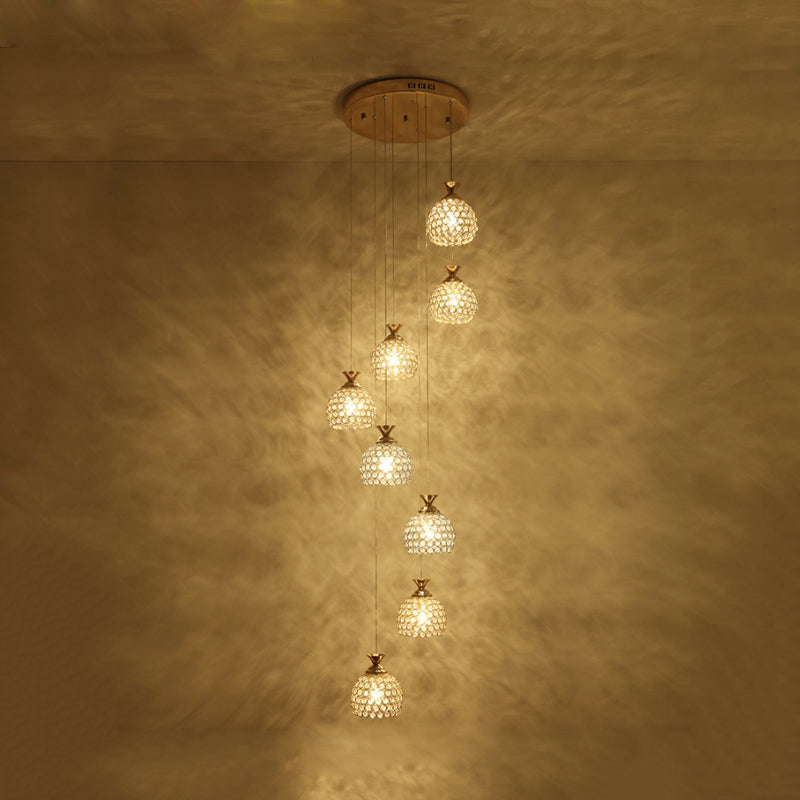 Gold 8-Light Hanging Lighting Contemporary Crystal Dome Shade Multi Lamp Pendant with Spiral Design