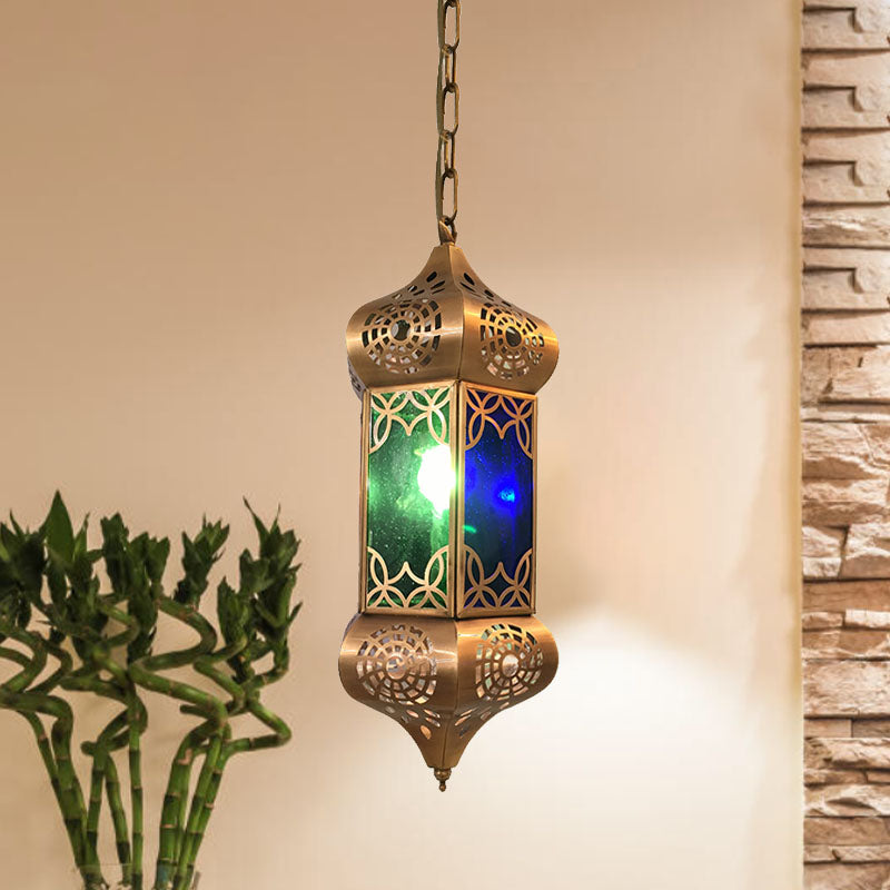 Lantern Metal Hanging Light Kit Retro 1 Light Living Room Pendant Ceiling Lamp in Blue