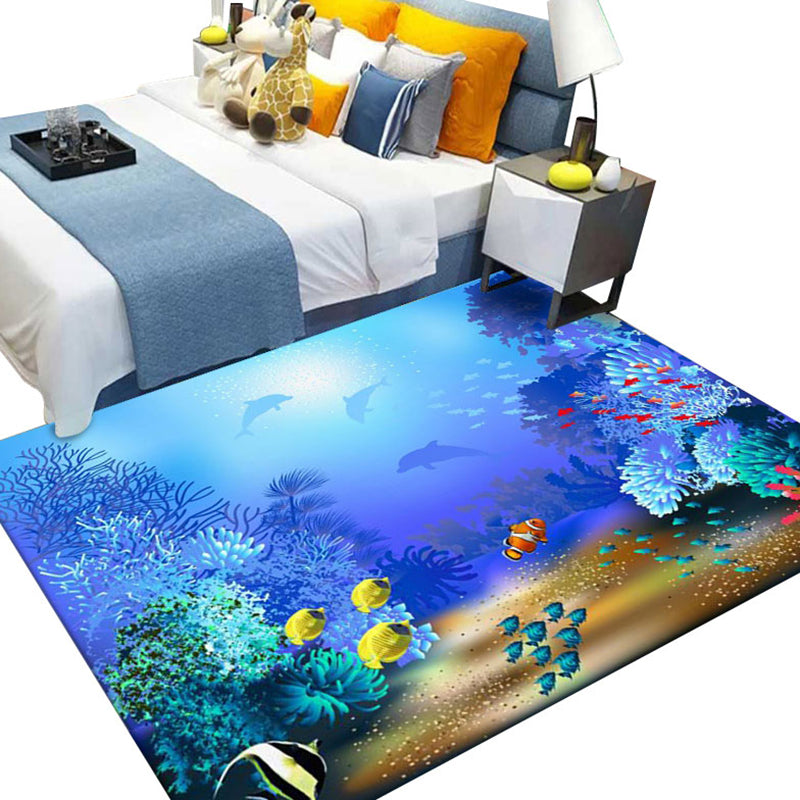 Ocean Blue Modern Rug Blending Fishes Indoor Rug Non-Slip Backing Rug for Living Room