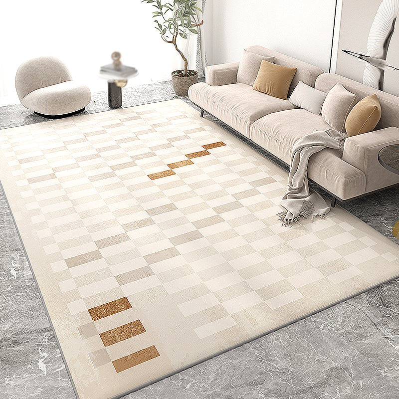 Beige Living Room Area Rug Geometric Pattern Modern Area Carpet Polyester Non-Slip Backing Rug