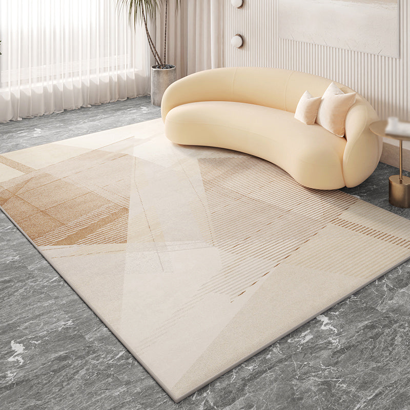 Beige Living Room Area Rug Geometric Pattern Modern Area Carpet Polyester Non-Slip Backing Rug