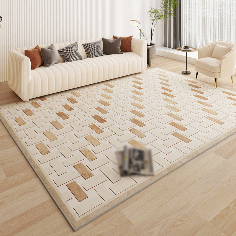 Beige Living Room Area Rug Geometric Pattern Modern Area Carpet Polyester Non-Slip Backing Rug