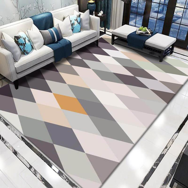 Grey Modern Area Carpet Geometric Pattern Polyester Area Rug Non-Slip Backing Rug for Home Decor