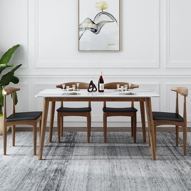 Mesa de comedor de piedra sinterizada con 4 patas, base de madera de fresno, mesa rectangular para el hogar
