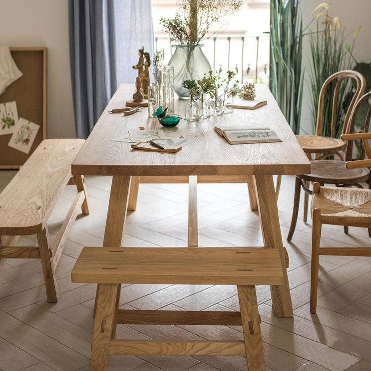 Rectangle Pine Solid Wood Table in Nature Modern Dining Table with Trestle Base for Restaurant