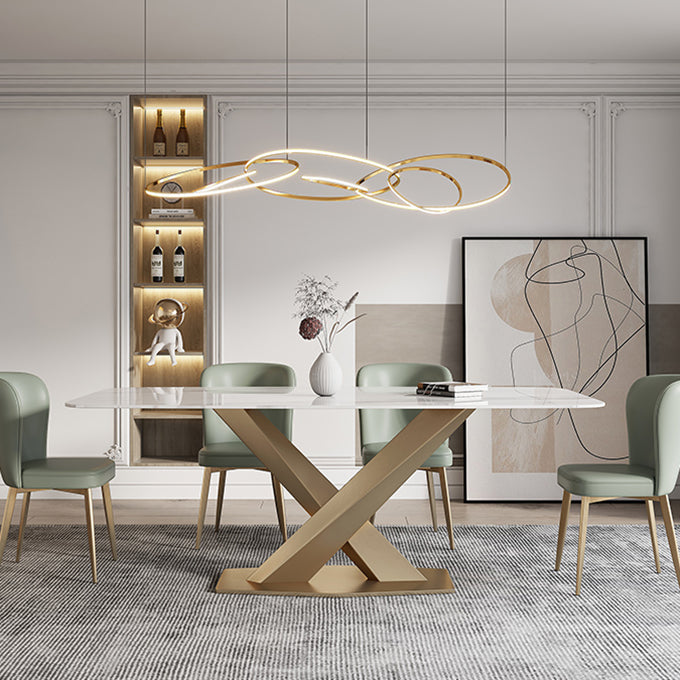 Traditional Luxury Sintered Stone Top Dining Table Rectangle Table in White with Gold Pedestal