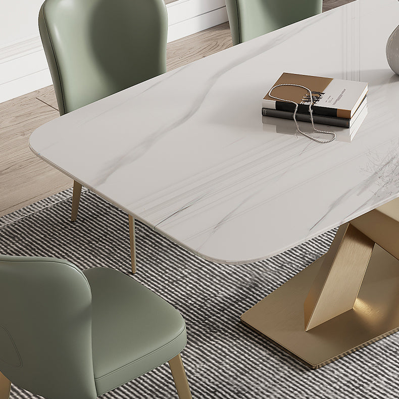 Traditional Luxury Sintered Stone Top Dining Table Rectangle Table in White with Gold Pedestal