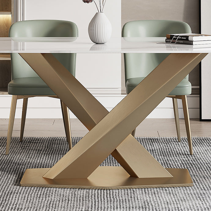 Traditional Luxury Sintered Stone Top Dining Table Rectangle Table in White with Gold Pedestal