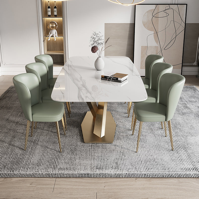 Traditional Luxury Sintered Stone Top Dining Table Rectangle Table in White with Gold Pedestal