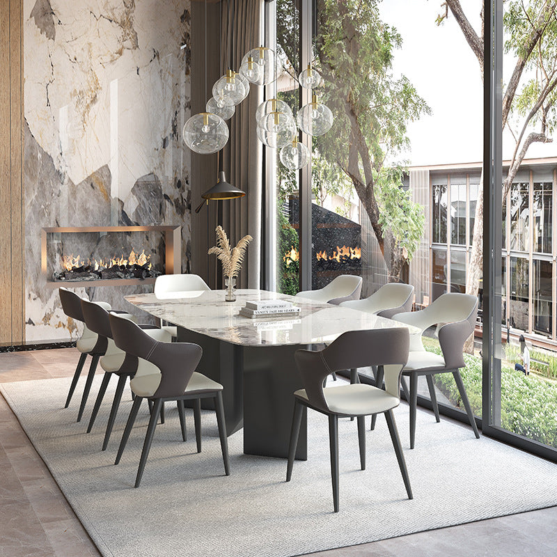 Mesa de comedor con tapa de piedra sinterizada, mesa rectangular con pedestal doble negro