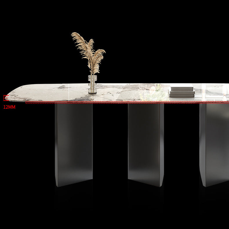 Mesa de comedor con tapa de piedra sinterizada, mesa rectangular con pedestal doble negro