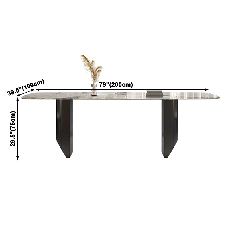 Mesa de comedor con tapa de piedra sinterizada, mesa rectangular con pedestal doble negro