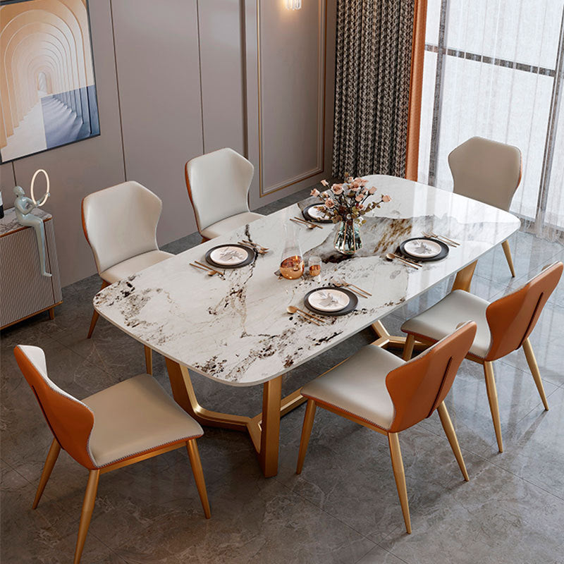 Mesa de comedor de piedra sinterizada de lujo tradicional mesa rectángulo con base de caballete dorado