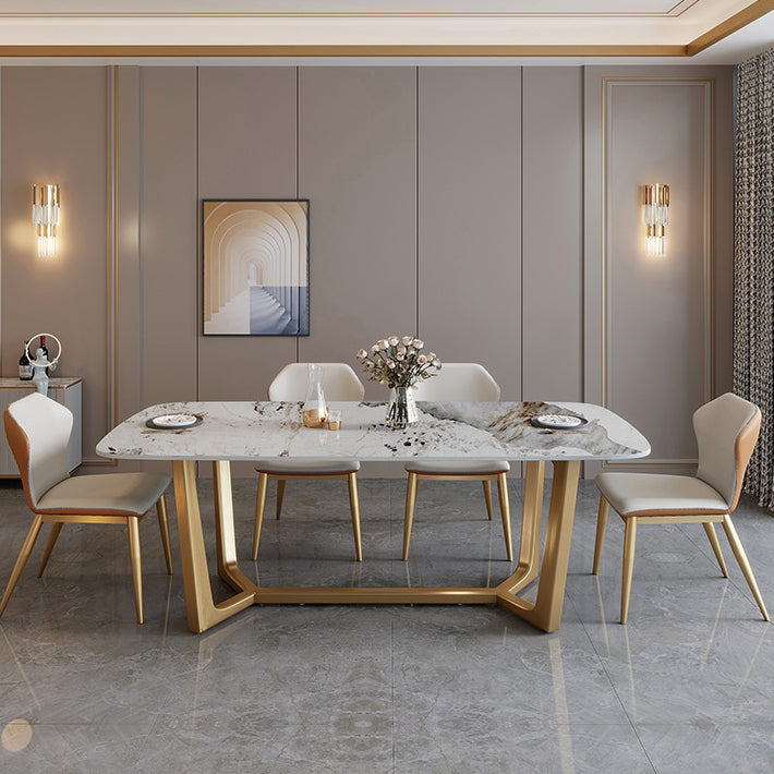 Mesa de comedor de piedra sinterizada de lujo tradicional mesa rectángulo con base de caballete dorado